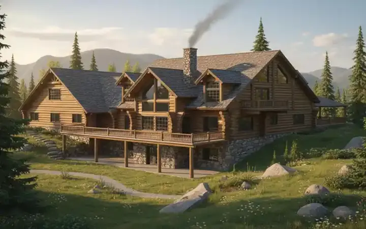 Log Cabin house plans 34-124 - front exterior, 3,670 sq ft, 6 bed, 4 bath house plans | Monster House Plans