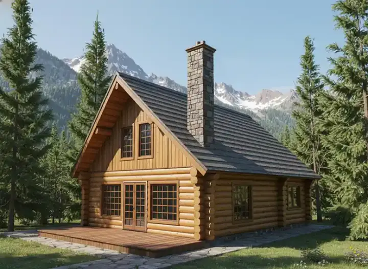 Log Cabin house plans 34-127 - front exterior, 1,040 sq ft, 1 bed, 1 bath house plans | Monster House Plans