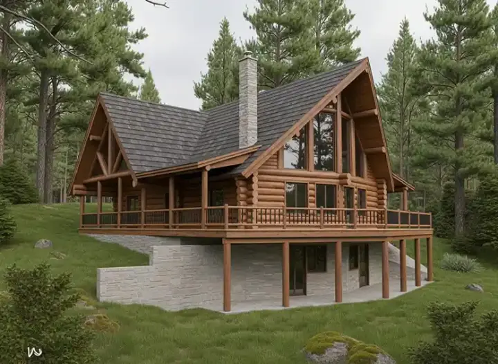 Log Cabin house plans 34-137 - front exterior, 2,291 sq ft, 3 bed, 3 bath house plans | Monster House Plans