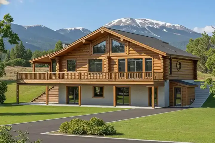 Log Cabin house plans 34-139 - front exterior, 2,875 sq ft, 2 bed, 3 bath house plans | Monster House Plans