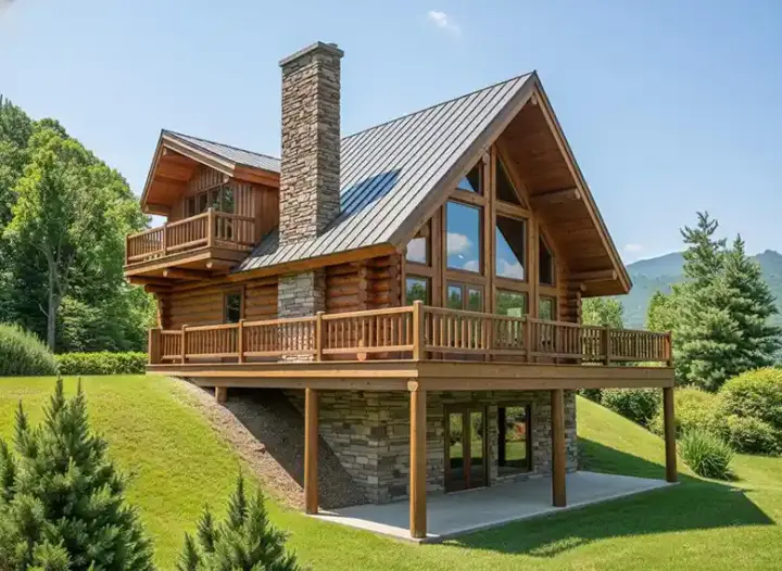 Log Cabin house plans 34-140 - front exterior, 2,057 sq ft, 3 bed, 3 bath house plans | Monster House Plans