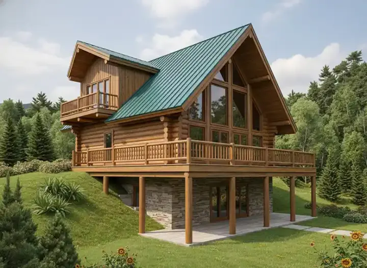 Log Cabin house plans 34-146 - front exterior, 2,057 sq ft, 3 bed, 2 bath house plans | Monster House Plans