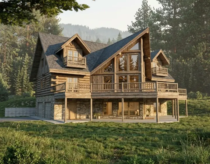 Log Cabin house plans 34-165 - front exterior, 3,362 sq ft, 3 bed, 3 bath house plans | Monster House Plans