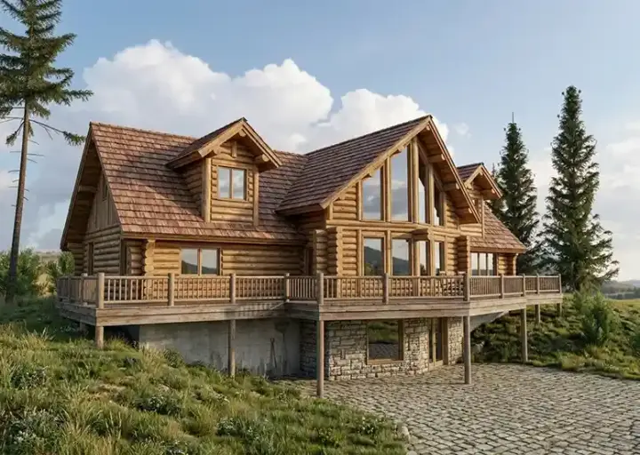 Log Cabin house plans 34-166 - front exterior, 4,017 sq ft, 3 bed, 3 bath house plans | Monster House Plans