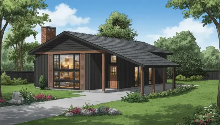 Contemporary house plans 35-215 - front exterior, 1,018 sq ft, 3 bed, 1 bath house plans | Monster House Plans
