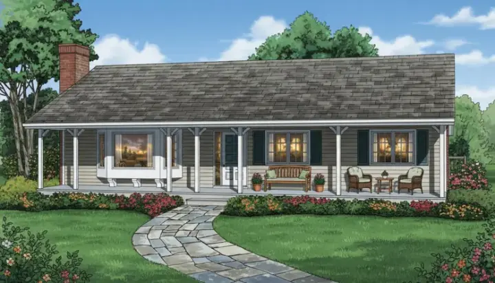 Ranch house plans 35-297 - front exterior, 1,254 sq ft, 3 bed, 1 bath house plans | Monster House Plans