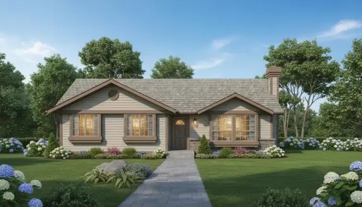 Traditional house plans 35-327 - front exterior, 1,197 sq ft, 3 bed, 1 bath house plans | Monster House Plans