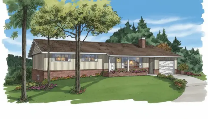 Ranch house plans 35-468 - front exterior, 1,089 sq ft, 3 bed, 1 bath house plans | Monster House Plans