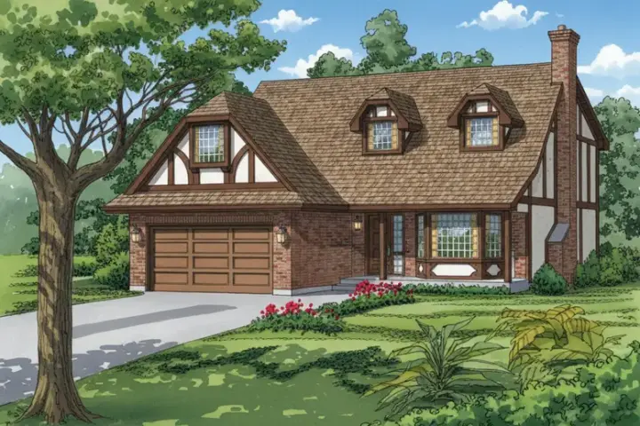 Tudor house plans 35-521 - front exterior, 2,018 sq ft, 4 bed, 2 bath house plans | Monster House Plans