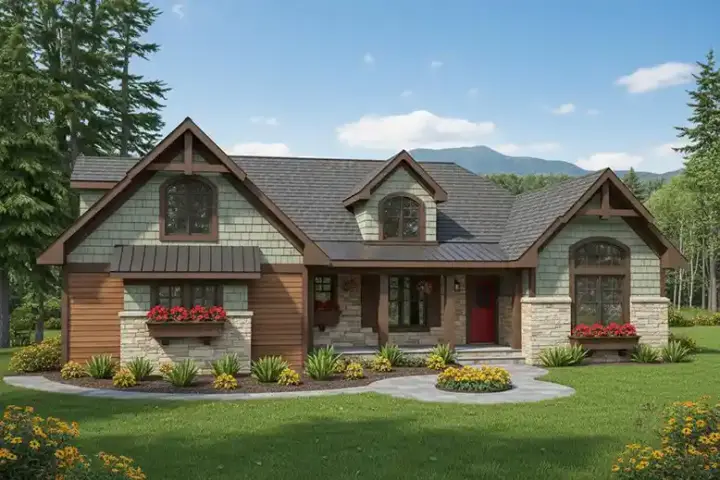 Mountain Rustic house plans 38-505 - front exterior, 2,202 sq ft, 3 bed, 4 bath house plans | Monster House Plans