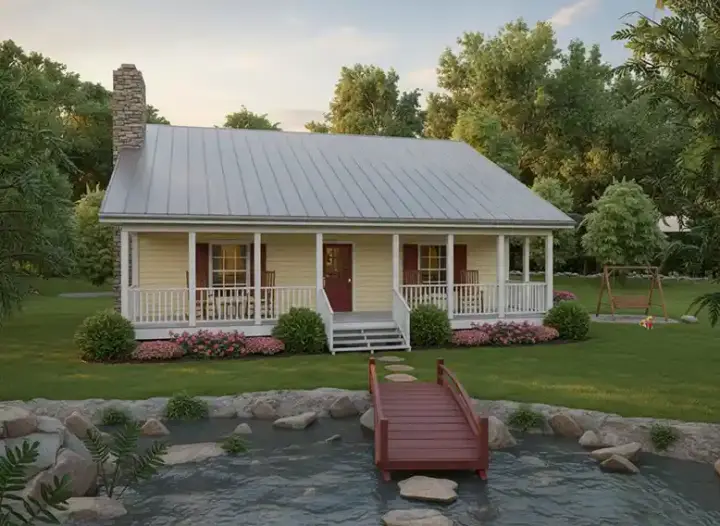 Country house plans 4-101 - front exterior, 953 sq ft, 2 bed, 1 bath house plans | Monster House Plans