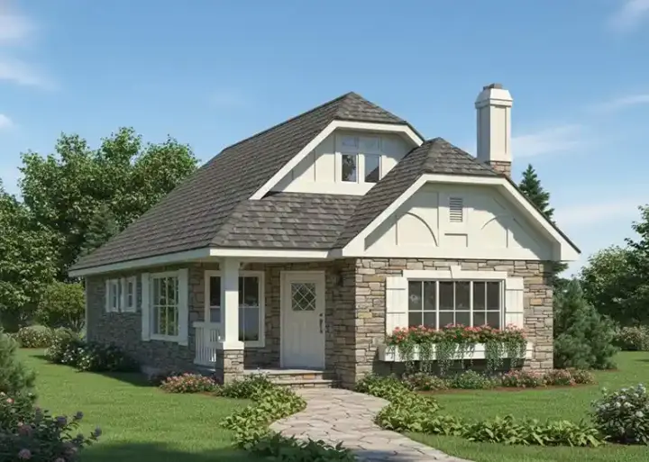 English Country house plans 40-122 - front exterior, 757 sq ft, 2 bed, 1 bath house plans | Monster House Plans