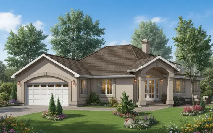 Southwest house plans 40-388 - front exterior, 1,697 sq ft, 3 bed, 2 bath house plans | Monster House Plans