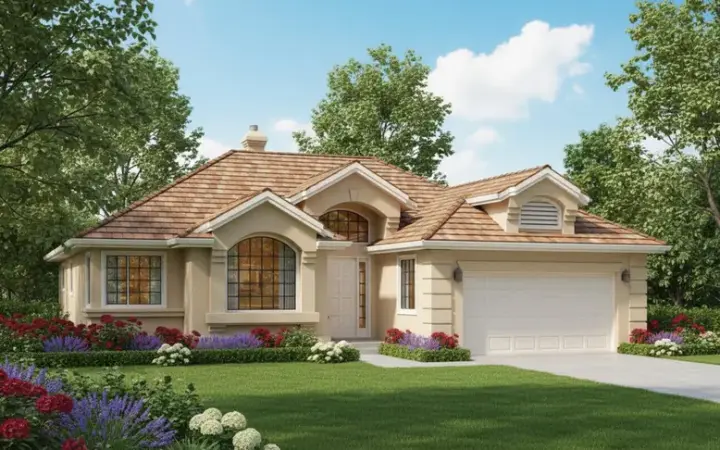 Southwest house plans 40-392 - front exterior, 1,699 sq ft, 3 bed, 2 bath house plans | Monster House Plans