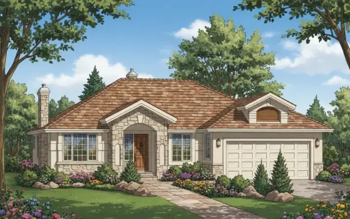 Southwest house plans 40-424 - front exterior, 1,797 sq ft, 3 bed, 2 bath house plans | Monster House Plans