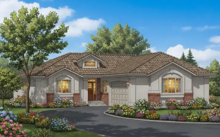 Southwest house plans 40-607 - front exterior, 1,629 sq ft, 3 bed, 2 bath house plans | Monster House Plans