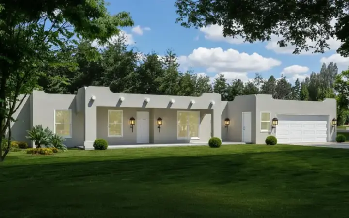 Santa Fe house plans 41-258 - front exterior, 1,115 sq ft, 2 bed, 2 bath house plans | Monster House Plans