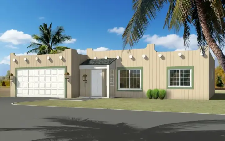Santa Fe house plans 41-314 - front exterior, 1,172 sq ft, 3 bed, 2 bath house plans | Monster House Plans