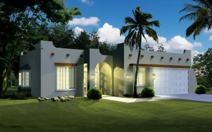 Santa Fe house plans 41-405 - front exterior, 1,544 sq ft, 3 bed, 2 bath house plans | Monster House Plans