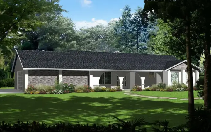 Southwest house plans 41-520 - front exterior, 1,717 sq ft, 3 bed, 2 bath house plans | Monster House Plans