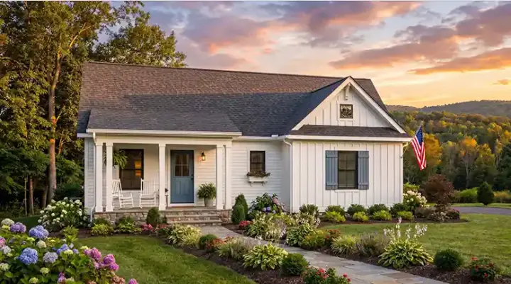 Modern Farmhouse house plans 42-566 - front exterior, 770 sq ft, 2 bed, 1 bath house plans | Monster House Plans