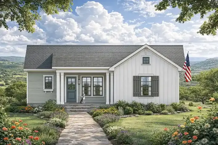 Traditional house plans 42-569 - front exterior, 780 sq ft, 2 bed, 1 bath house plans | Monster House Plans