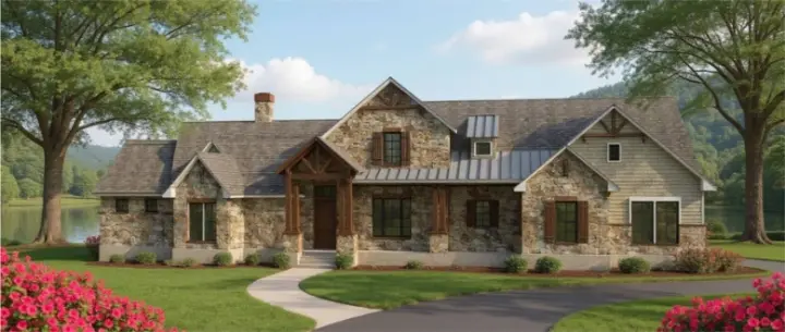 Mountain Rustic house plans 42-571 - front exterior, 3,828 sq ft, 4 bed, 4 bath house plans | Monster House Plans