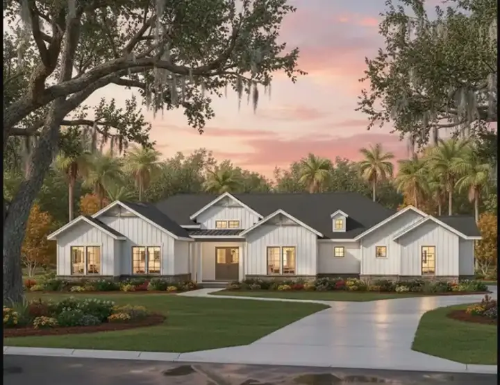 Modern Farmhouse house plans 42-585 - front exterior, 4,553 sq ft, 5 bed, 5 bath house plans | Monster House Plans