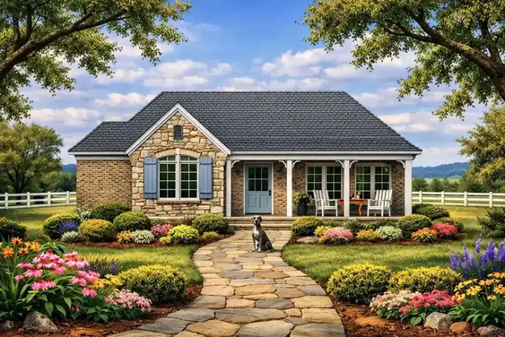 Country house plans 42-589 - front exterior, 1,075 sq ft, 2 bed, 1 bath house plans | Monster House Plans