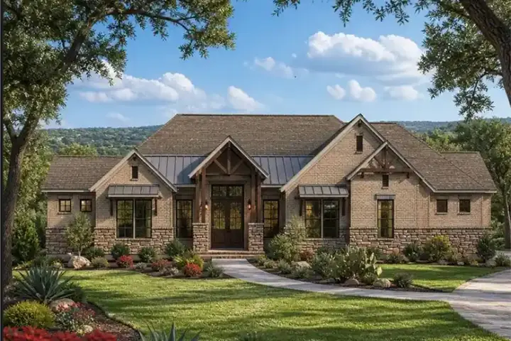 Texas Hill Country house plans 42-591 - front exterior, 3,667 sq ft, 3 bed, 3 bath house plans | Monster House Plans