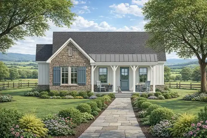 Cottage house plans 42-595 - front exterior, 1,047 sq ft, 2 bed, 2 bath house plans | Monster House Plans
