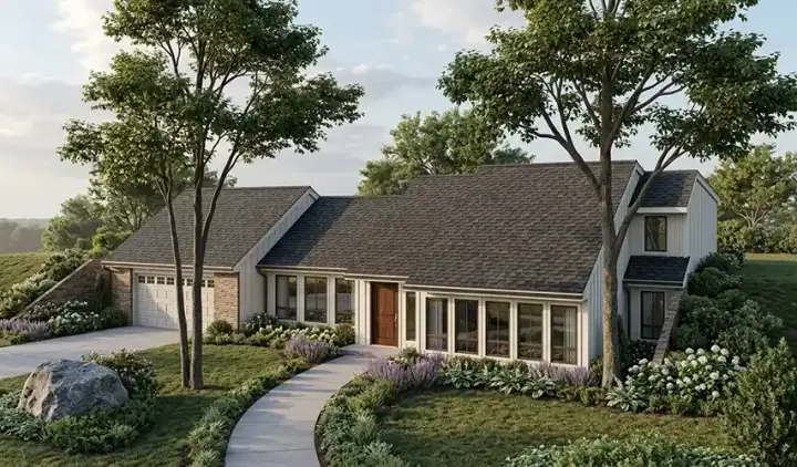 Contemporary house plans 46-149 - front exterior, 1,425 sq ft, 3 bed, 2 bath house plans | Monster House Plans