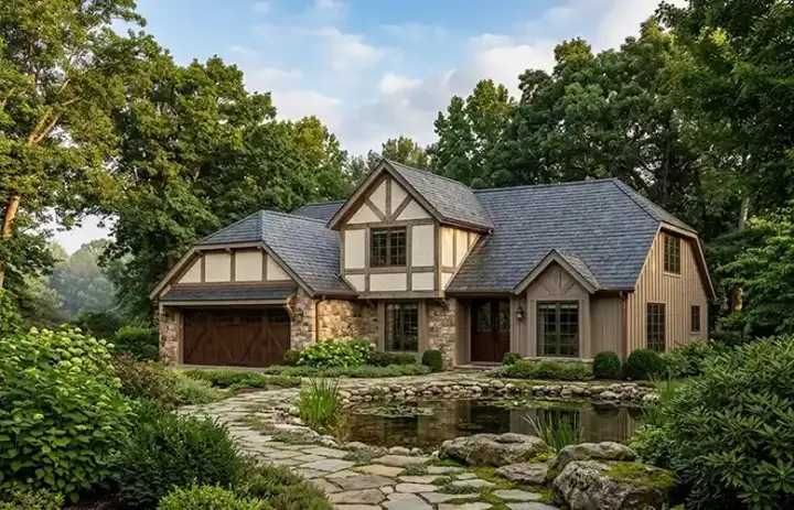Tudor house plans 46-168 - front exterior, 1,890 sq ft, 4 bed, 2 bath house plans | Monster House Plans