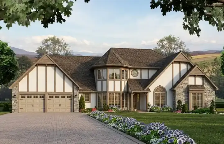 Tudor house plans 46-182 - front exterior, 2,176 sq ft, 3 bed, 2 bath house plans | Monster House Plans