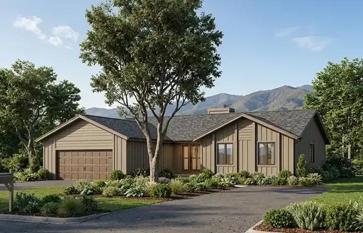 Contemporary house plans 46-228 - front exterior, 1,643 sq ft, 3 bed, 2 bath house plans | Monster House Plans