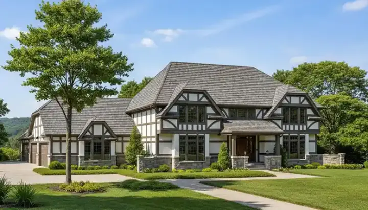 Tudor house plans 46-369 - front exterior, 2,542 sq ft, 3 bed, 2 bath house plans | Monster House Plans