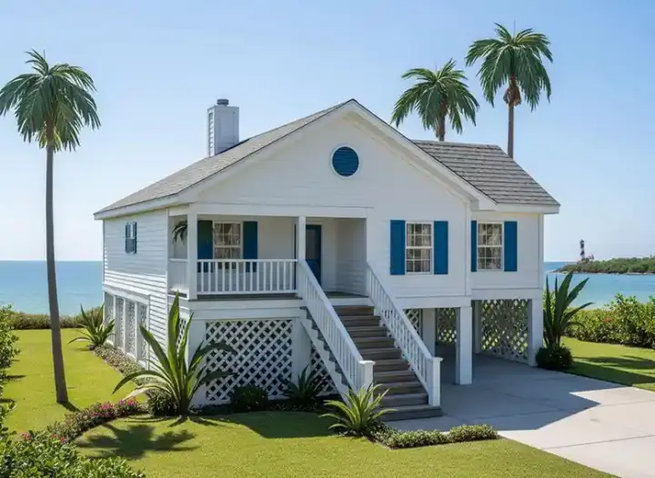 Coastal house plans 46-744 - front exterior, 1,297 sq ft, 3 bed, 2 bath house plans | Monster House Plans