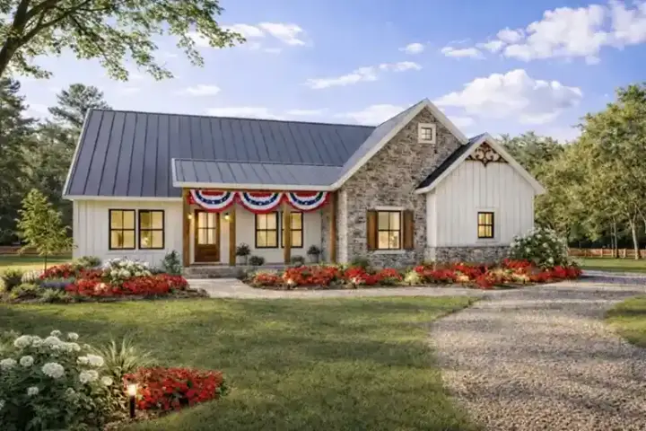Modern Farmhouse house plans 49-274 - front exterior, 1,343 sq ft, 3 bed, 2 bath house plans | Monster House Plans