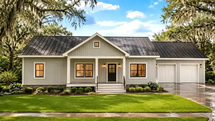Modern Farmhouse house plans 49-278 - front exterior, 1,402 sq ft, 3 bed, 2 bath house plans | Monster House Plans