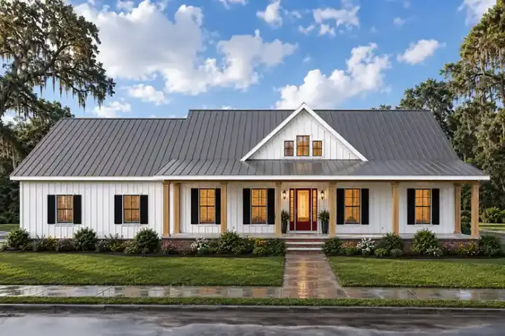 Modern Farmhouse house plans 49-279 - front exterior, 2,519 sq ft, 4 bed, 3 bath house plans | Monster House Plans