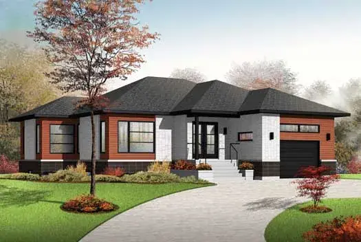 Modern house plans 5-1229 - front exterior, 1,342 sq ft, 2 bed, 1 bath house plans | Monster House Plans