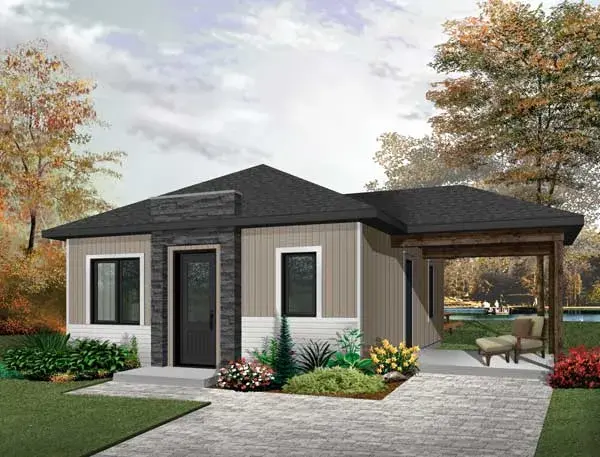 Contemporary house plans 5-1245 - front exterior, 640 sq ft, 2 bed, 1 bath house plans | Monster House Plans