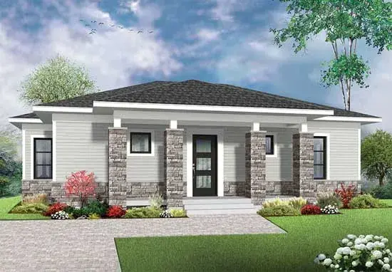 Contemporary house plans 5-1264 - front exterior, 1,007 sq ft, 2 bed, 1 bath house plans | Monster House Plans