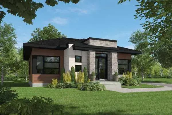 Modern house plans 5-1343 - front exterior, 1,266 sq ft, 2 bed, 1 bath house plans | Monster House Plans