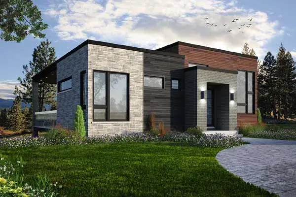Modern house plans 5-1366 - front exterior, 1,269 sq ft, 2 bed, 1 bath house plans | Monster House Plans