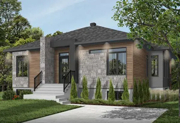 Modern house plans 5-1382 - front exterior, 1,207 sq ft, 2 bed, 1 bath house plans | Monster House Plans