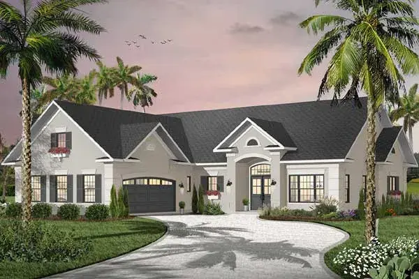 Sunbelt house plans 5-583 - front exterior, 2,080 sq ft, 3 bed, 2 bath house plans | Monster House Plans