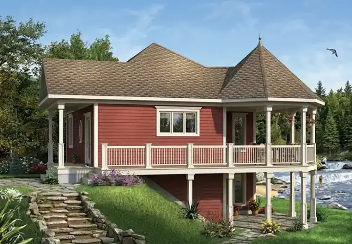 Waterfront house plans 5-736 - front exterior, 840 sq ft, 1 bed, 1 bath house plans | Monster House Plans