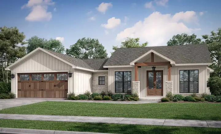 Modern Farmhouse house plans 50-430 - front exterior, 1,599 sq ft, 3 bed, 2 bath house plans | Monster House Plans