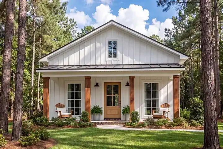 Modern Farmhouse house plans 50-444 - front exterior, 732 sq ft, 1 bed, 1 bath house plans | Monster House Plans